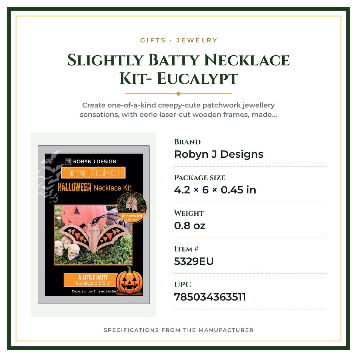 Product Specifications – Slightly Batty Necklace Kit- Eucalypt