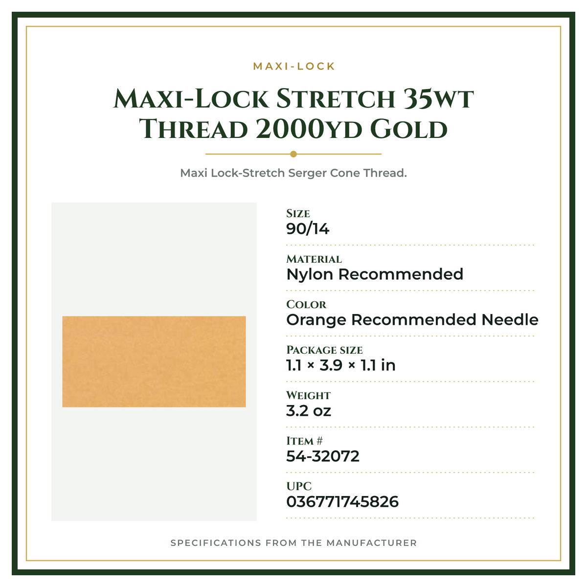 Product Specifications – Maxi-Lock Stretch 35wt Thread 2000yd Gold