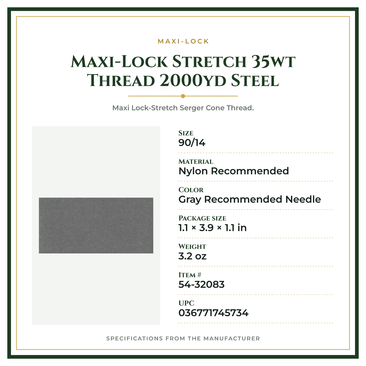 Product Specifications – Maxi-Lock Stretch 35wt Thread 2000yd Steel