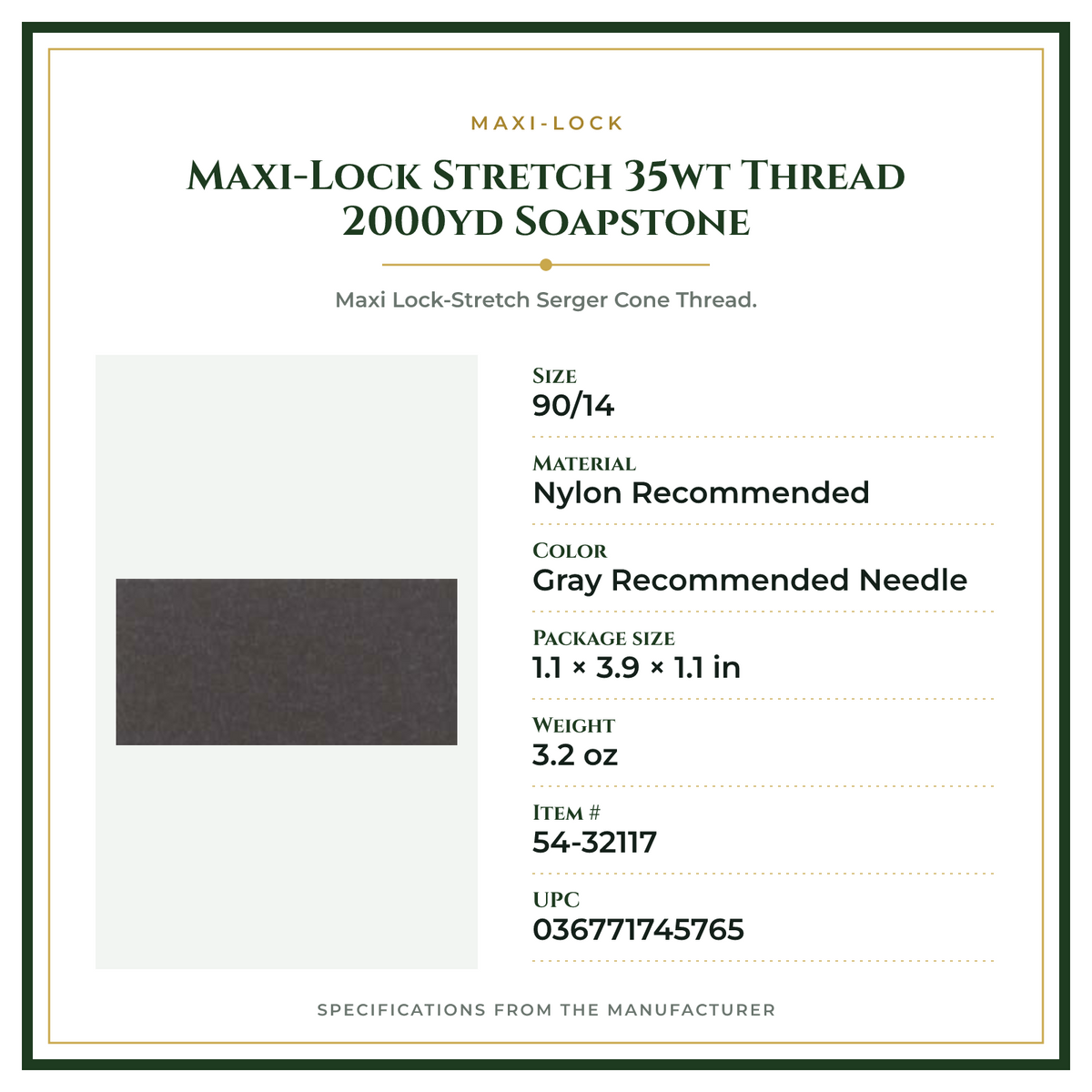 Product Specifications – Maxi-Lock Stretch 35wt Thread 2000yd Soapstone