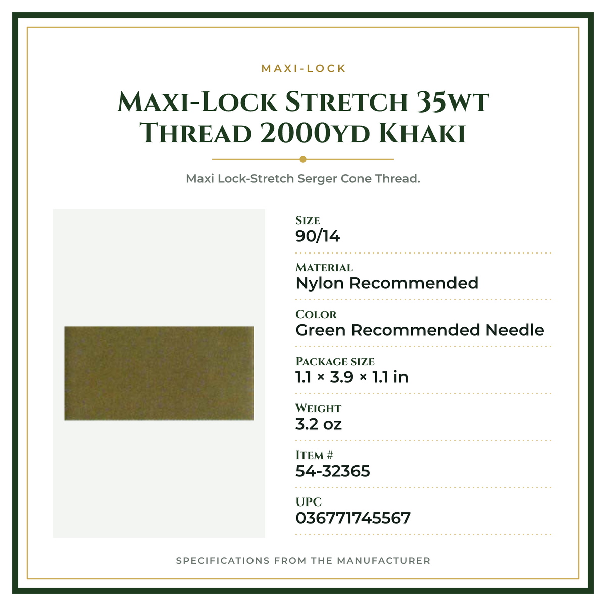 Product Specifications – Maxi-Lock Stretch 35wt Thread 2000yd Khaki