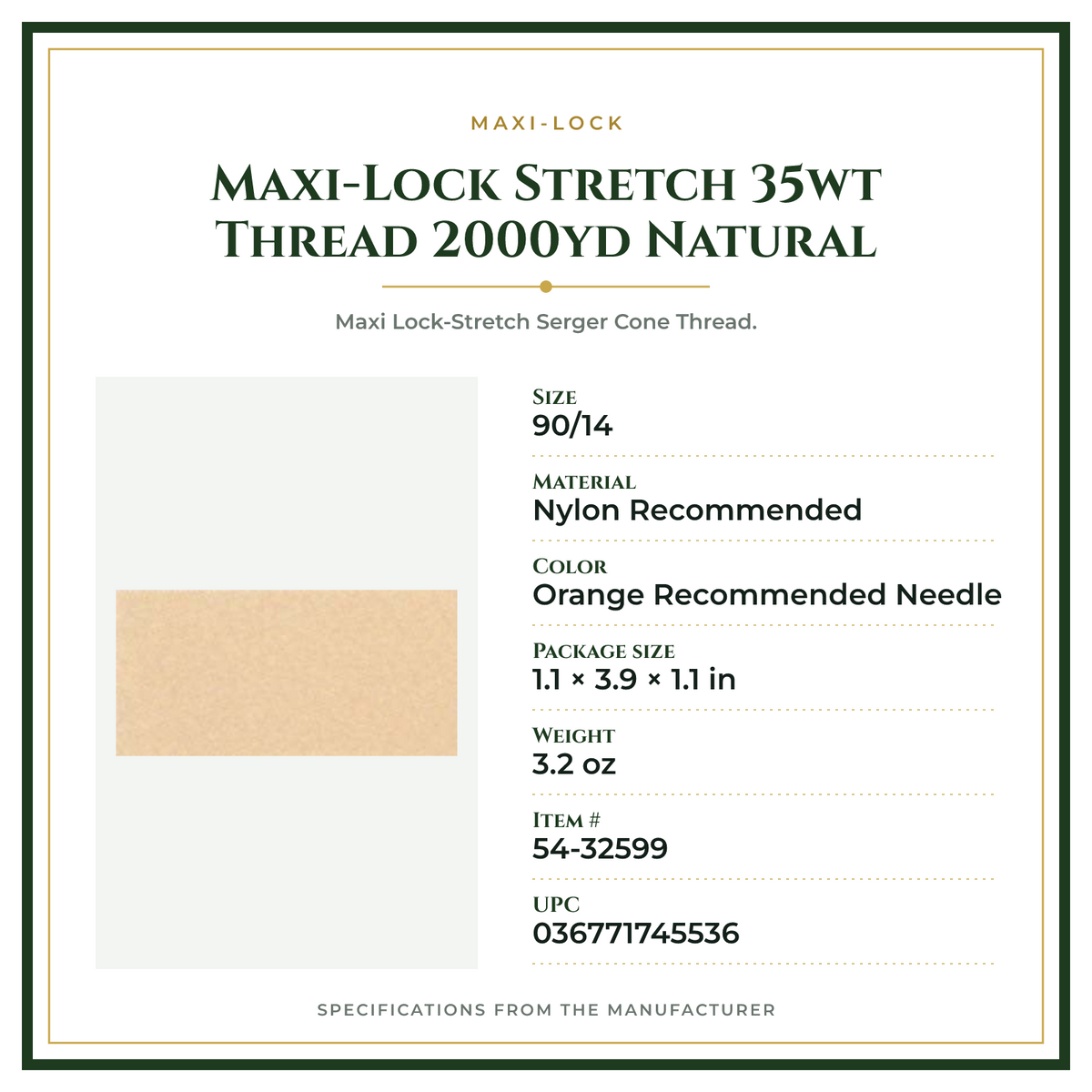 Product Specifications – Maxi-Lock Stretch 35wt Thread 2000yd Natural
