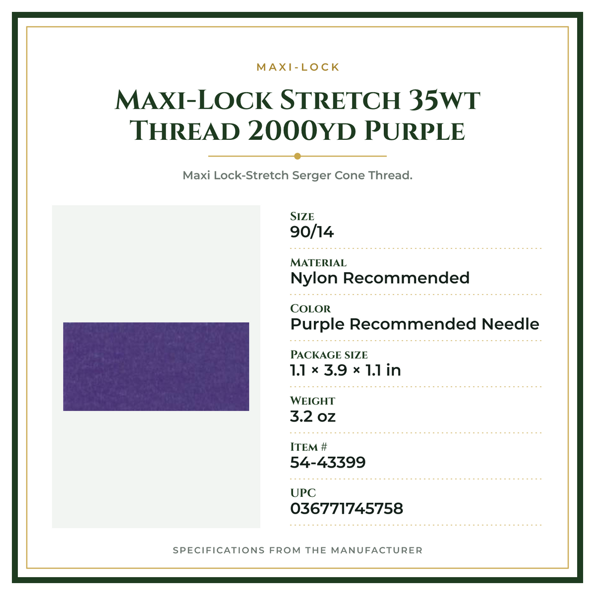Product Specifications – Maxi-Lock Stretch 35wt Thread 2000yd Purple