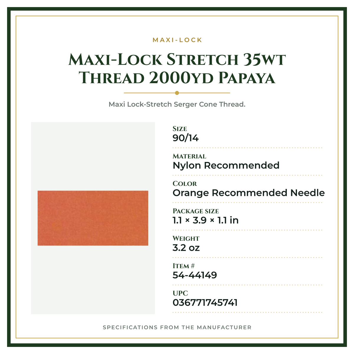 Product Specifications – Maxi-Lock Stretch 35wt Thread 2000yd Papaya