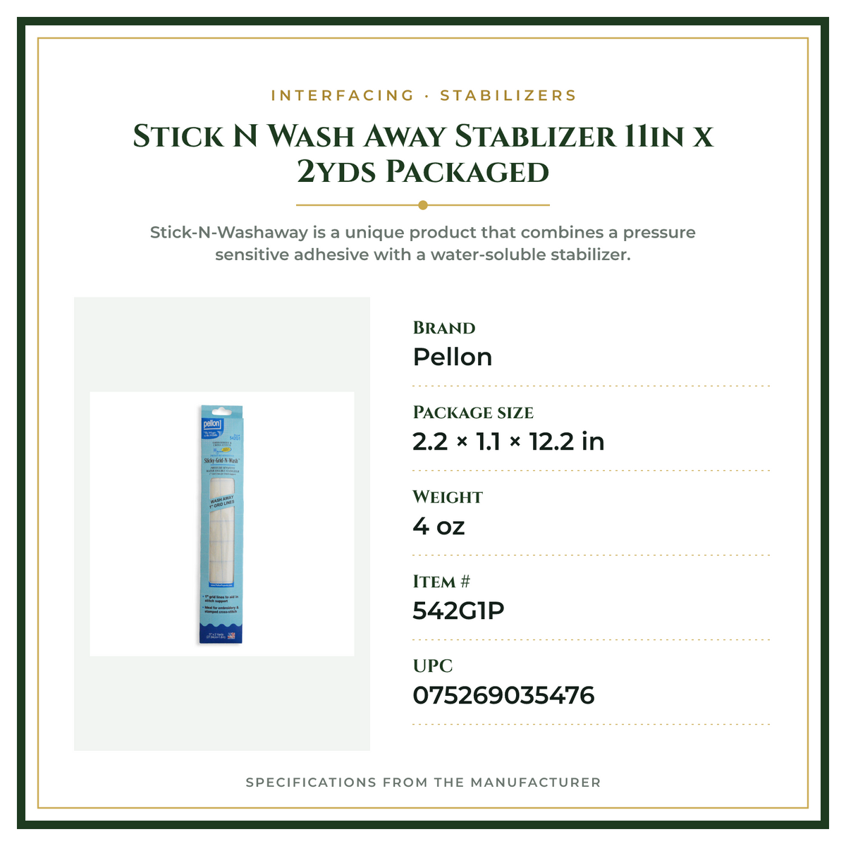 Product Specifications – Stick N Wash Away Stablizer 11in x 2yds Packaged