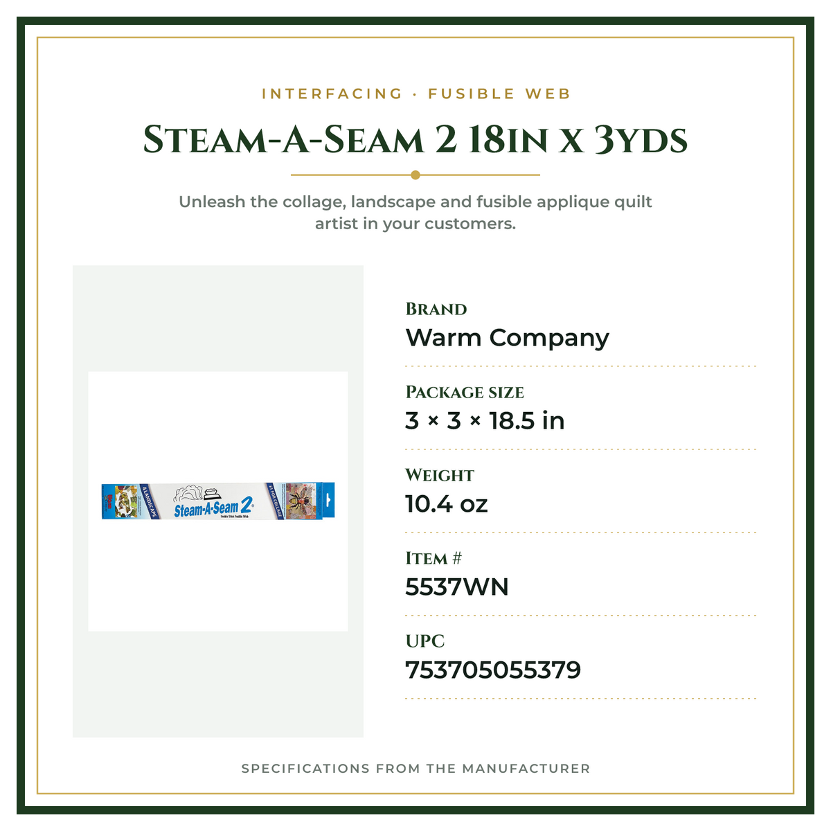 Product Specifications – Steam-A-Seam 2 18in x 3yds