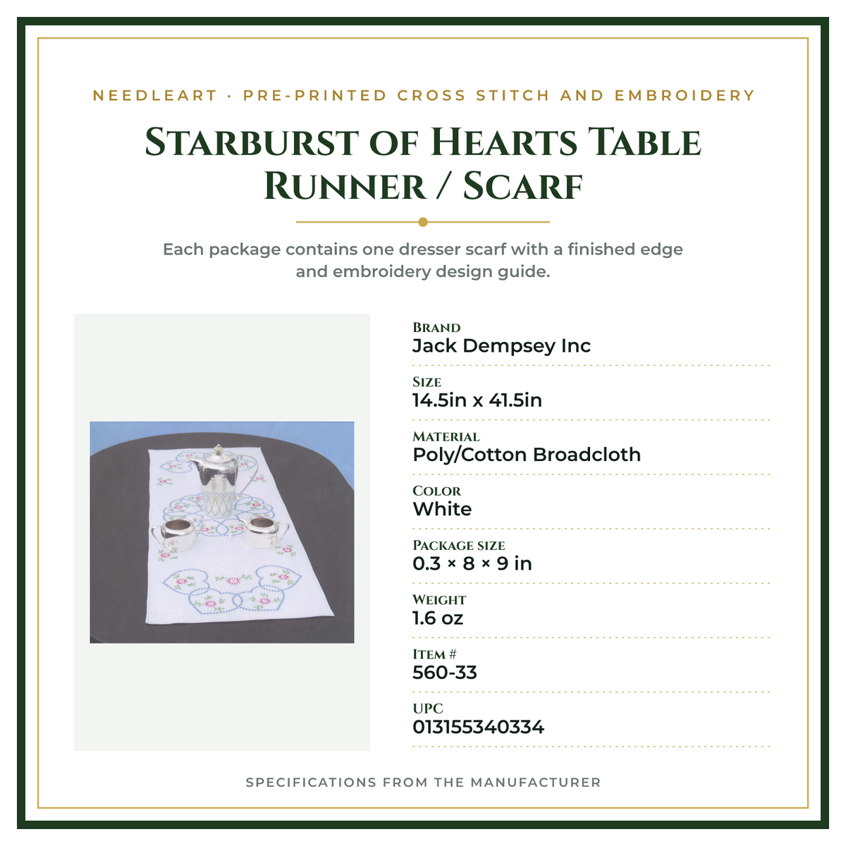 Product Specifications – Starburst of Hearts Table Runner / Scarf