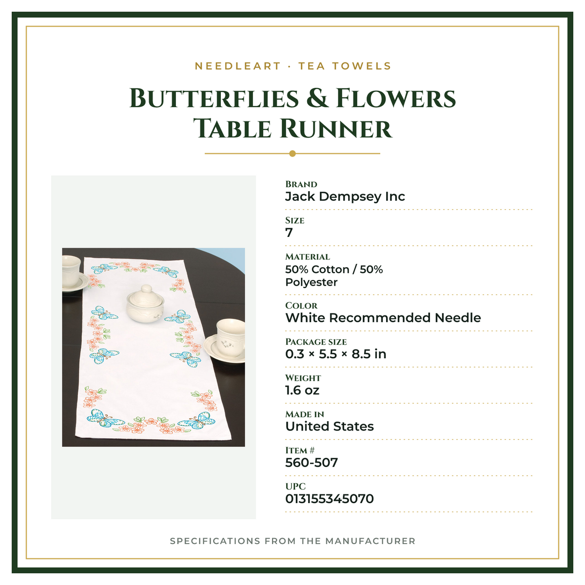 Product Specifications – Butterflies & Flowers Table Runner
