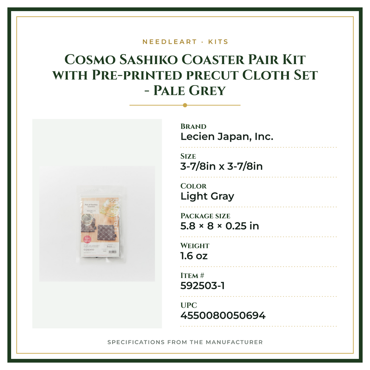 Product Specifications – Cosmo Sashiko Coaster Pair Kit with Pre-printed precut Cloth Set - Pale Grey