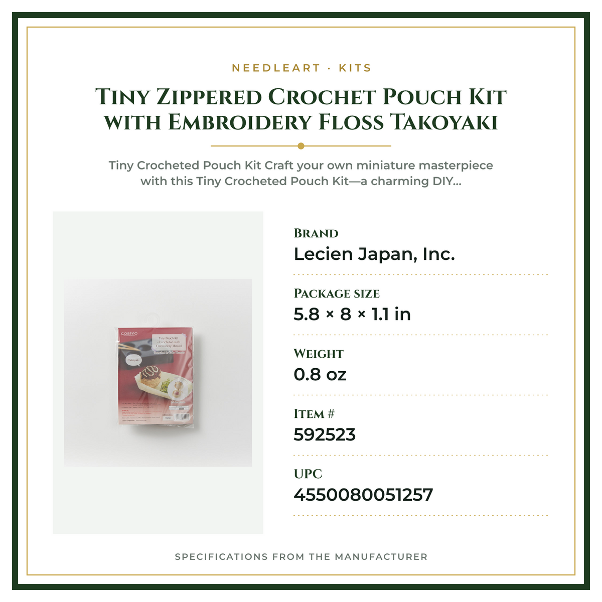 Product Specifications – Tiny Zippered Crochet Pouch Kit with Embroidery Floss Takoyaki