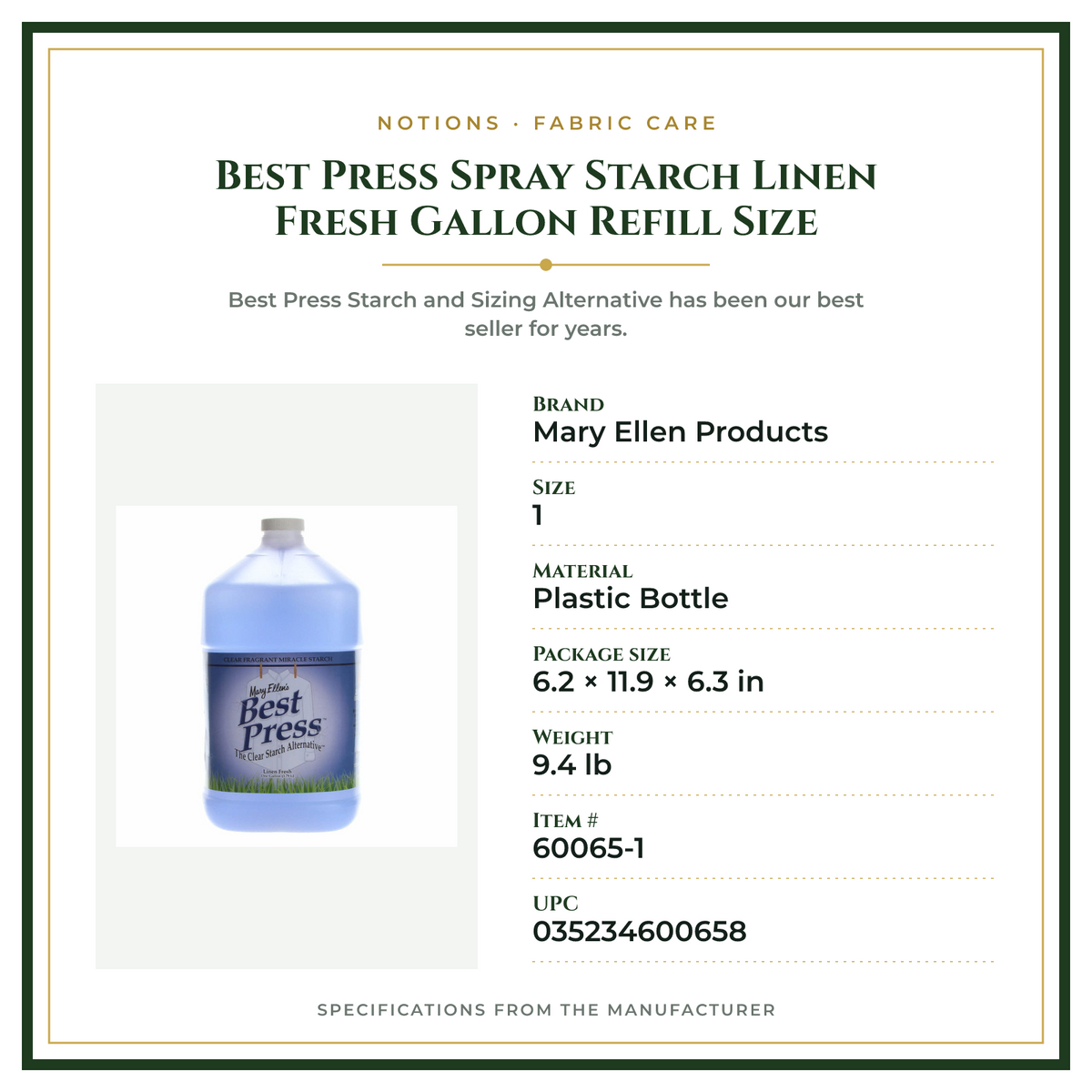 Product Specifications – Best Press Spray Starch Linen Fresh Gallon Refill Size