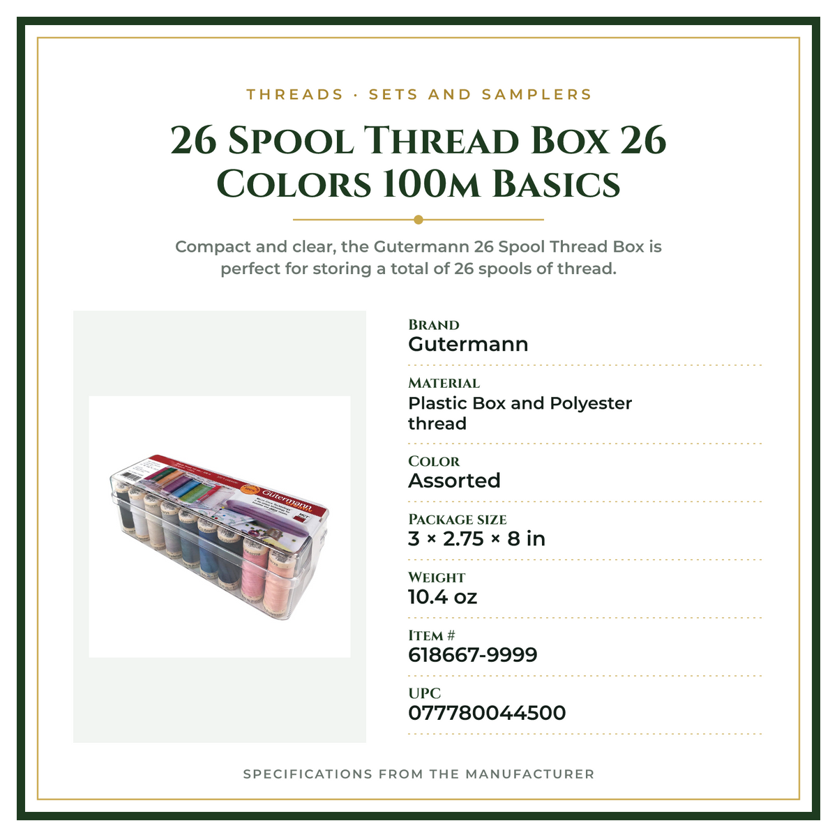 Product Specifications – 26 Spool Thread Box 26 Colors 100m Basics