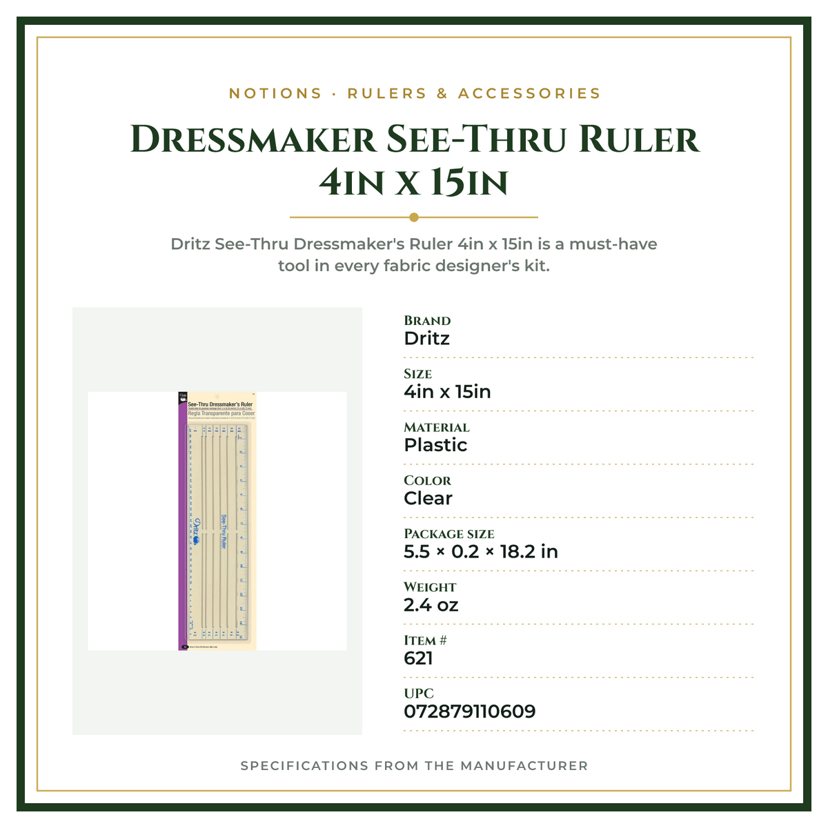 Product Specifications – Dressmaker See-Thru Ruler 4in x 15in