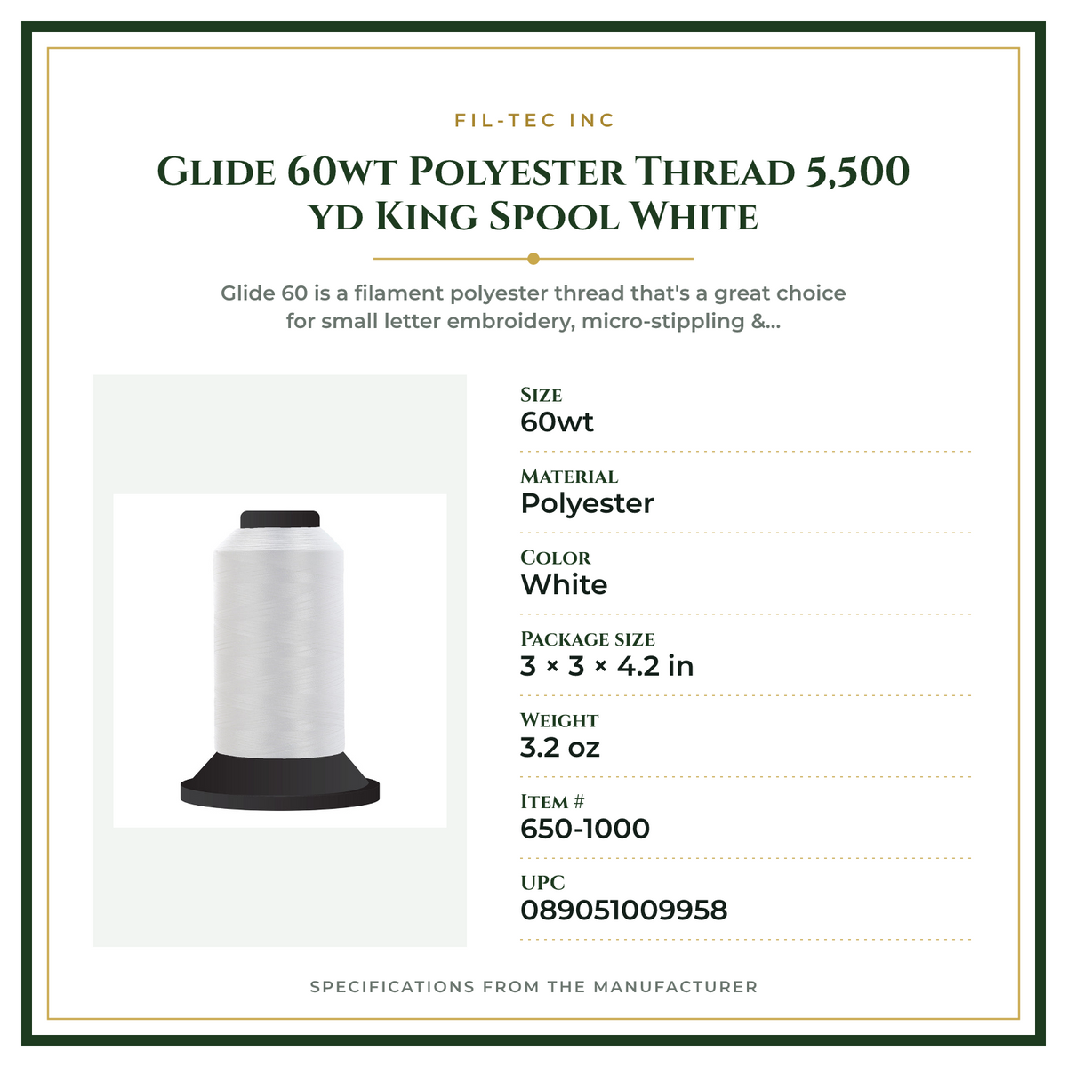 Product Specifications – Glide 60wt Polyester Thread 5,500 yd King Spool White