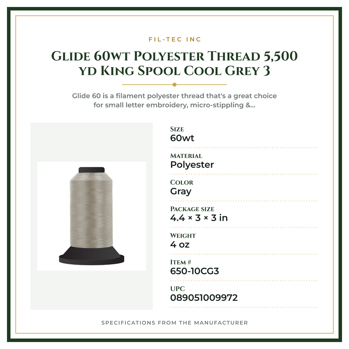 Product Specifications – Glide 60wt Polyester Thread 5,500 yd King Spool Cool Grey 3