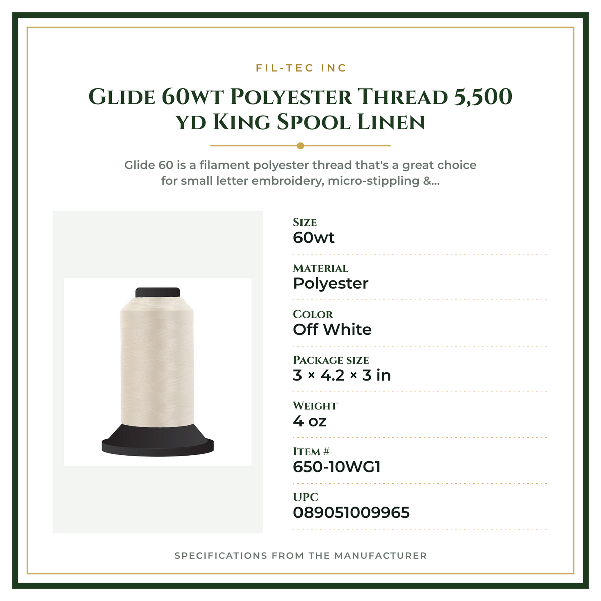 Product Specifications – Glide 60wt Polyester Thread 5,500 yd King Spool Linen