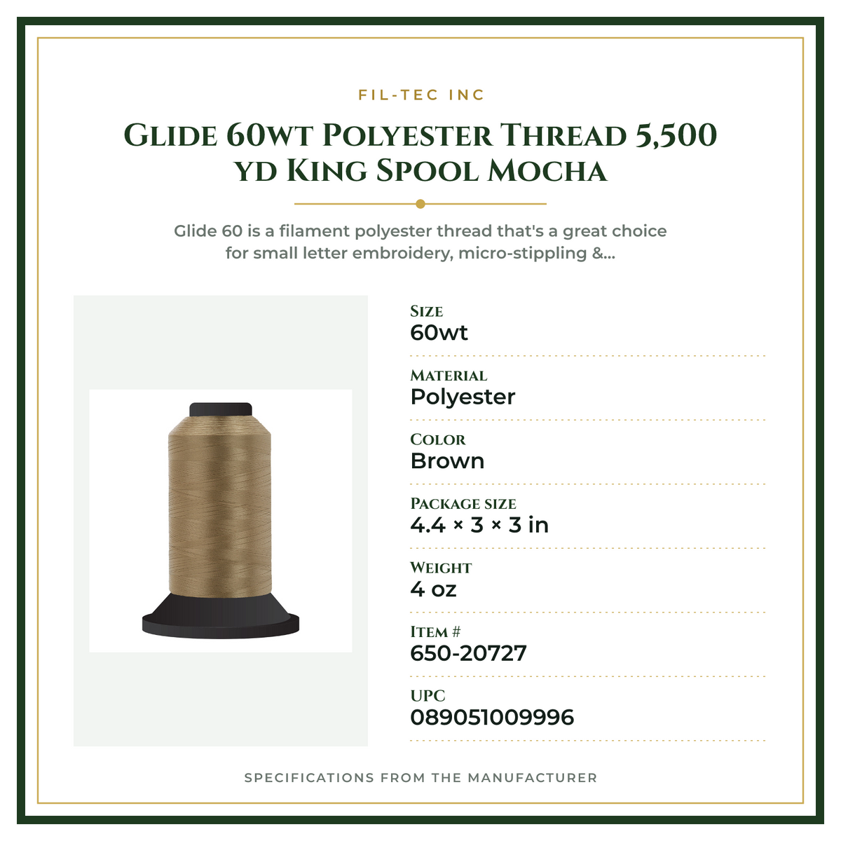 Product Specifications – Glide 60wt Polyester Thread 5,500 yd King Spool Mocha