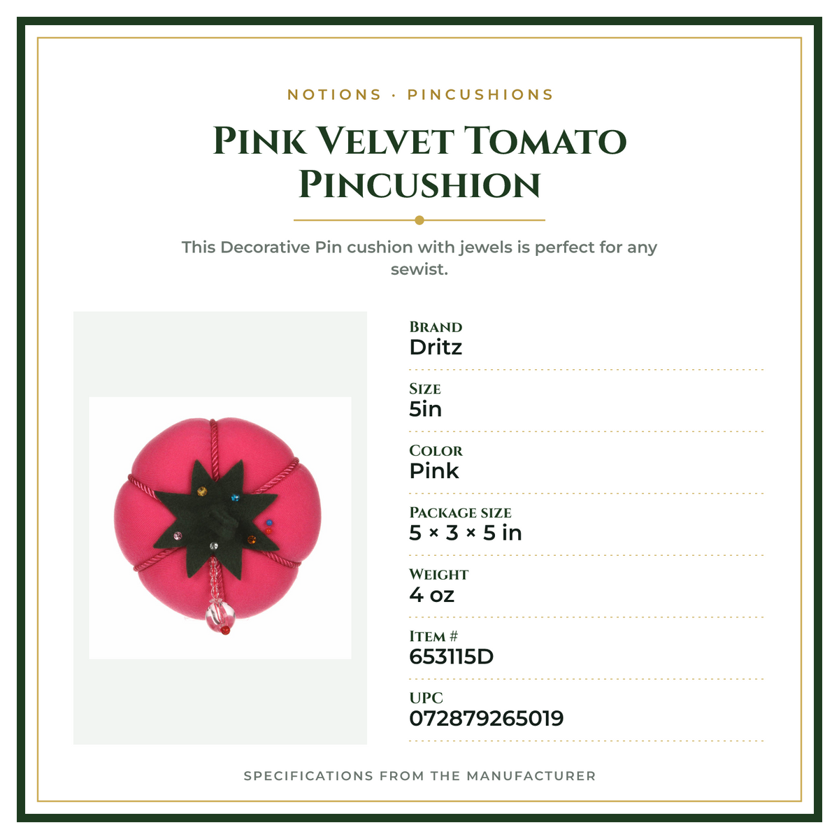 Product Specifications – Pink Velvet Tomato Pincushion