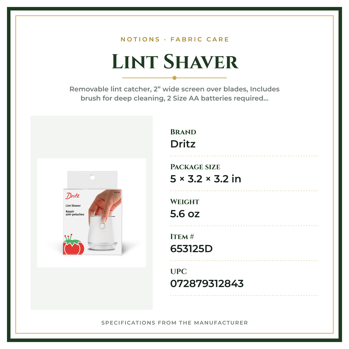 Product Specifications – Lint Shaver