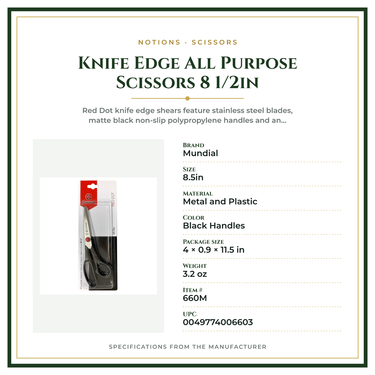 Product Specifications – Knife Edge All Purpose Scissors 8 1/2in