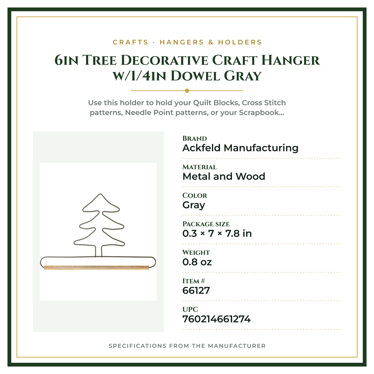Product Specifications – 6in Tree Decorative Craft Hanger w/1/4in Dowel Gray