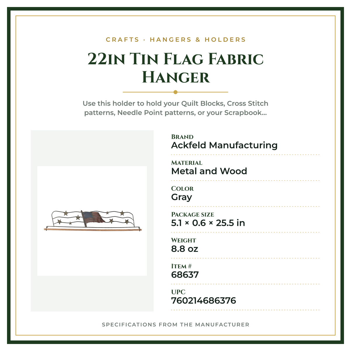 Product Specifications – 22in Tin Flag Fabric Hanger