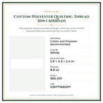 Product Specifications – Cotton/Polyester Quilting Thread 30wt 6000yds