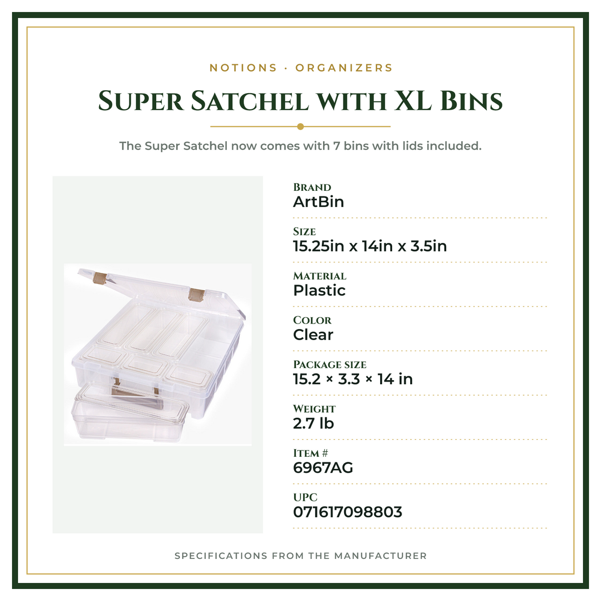 Product Specifications – Super Satchel with XL Bins