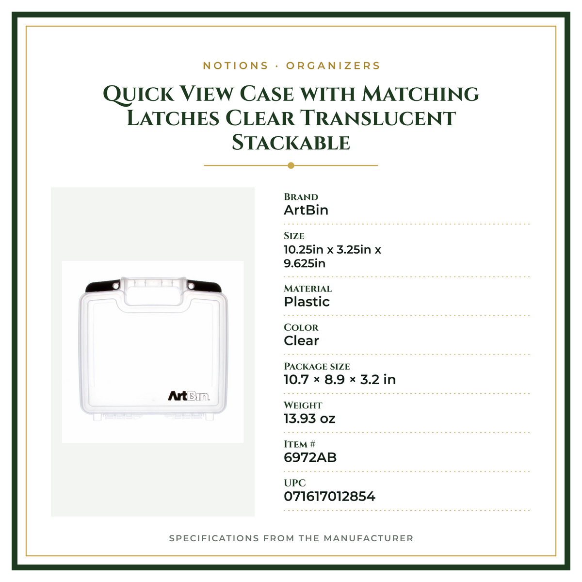Product Specifications – Quick View Case with Matching Latches Clear Translucent Stackable