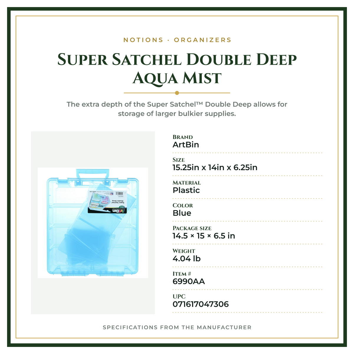 Product Specifications – Super Satchel Double Deep Aqua Mist