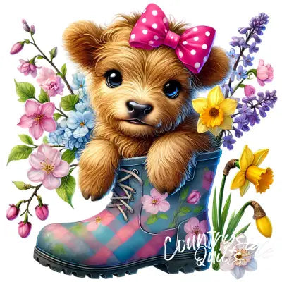 Springtime Highland Cows Fabric Panel 12