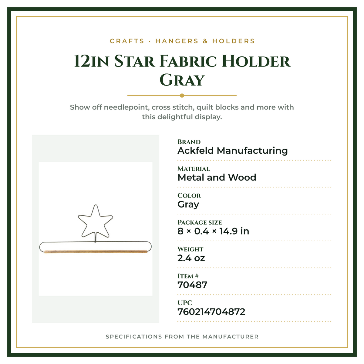 Product Specifications – 12in Star Fabric Holder Gray