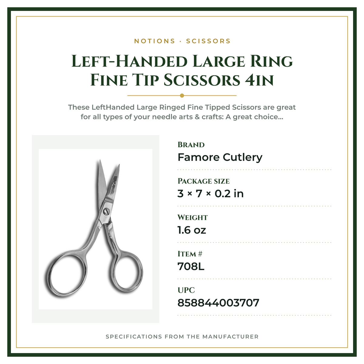 Product Specifications – Left-Handed Large Ring Fine Tip Scissors 4in