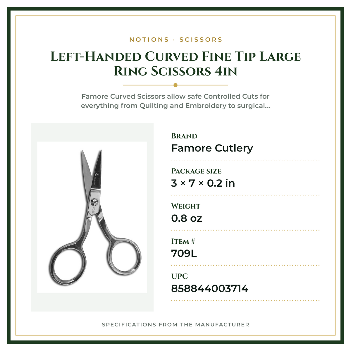 Product Specifications – Left-Handed Curved Fine Tip Large Ring Scissors 4in