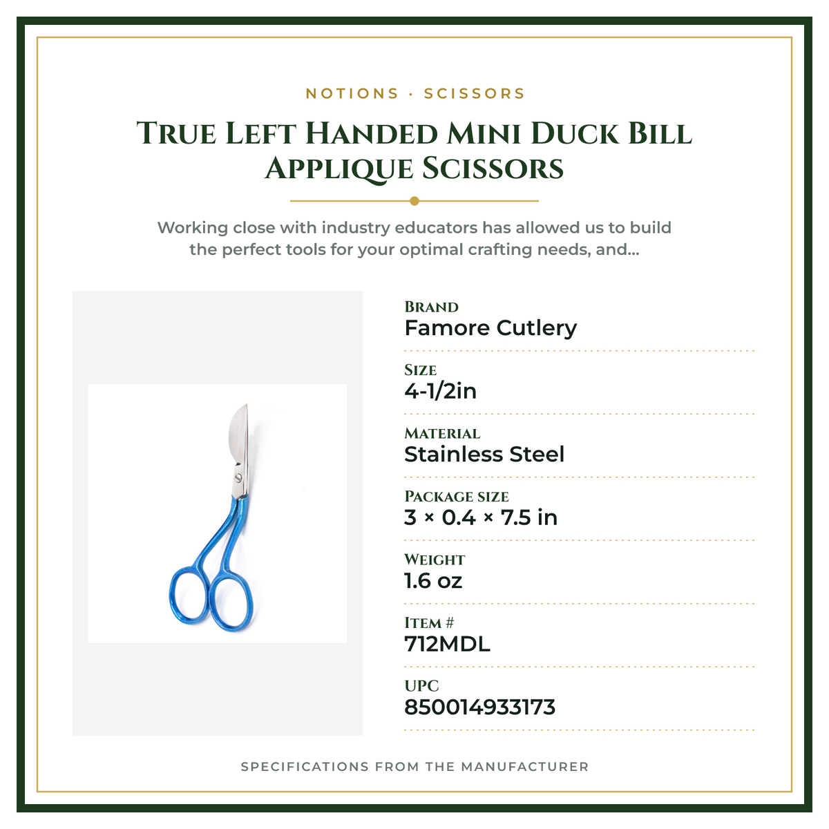 Product Specifications – True Left Handed Mini Duck Bill Applique Scissors