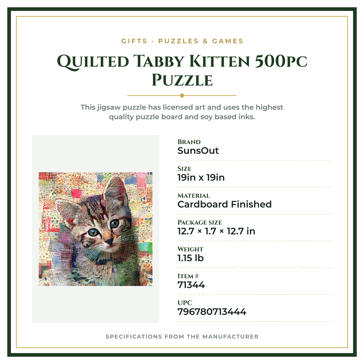 Product Specifications – Quilted Tabby Kitten 500pc Puzzle