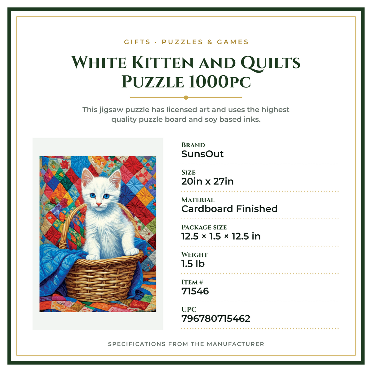 Product Specifications – White Kitten and Quilts Puzzle 1000pc