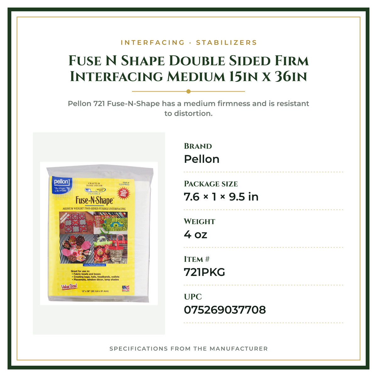 Product Specifications – Fuse N Shape Double Sided Firm Interfacing Medium 15in x 36in