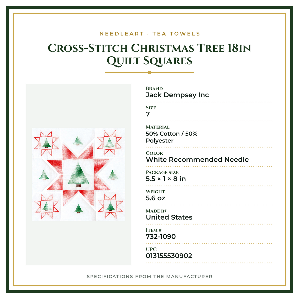 Product Specifications – Cross-Stitch Christmas Tree 18in Quilt Squares