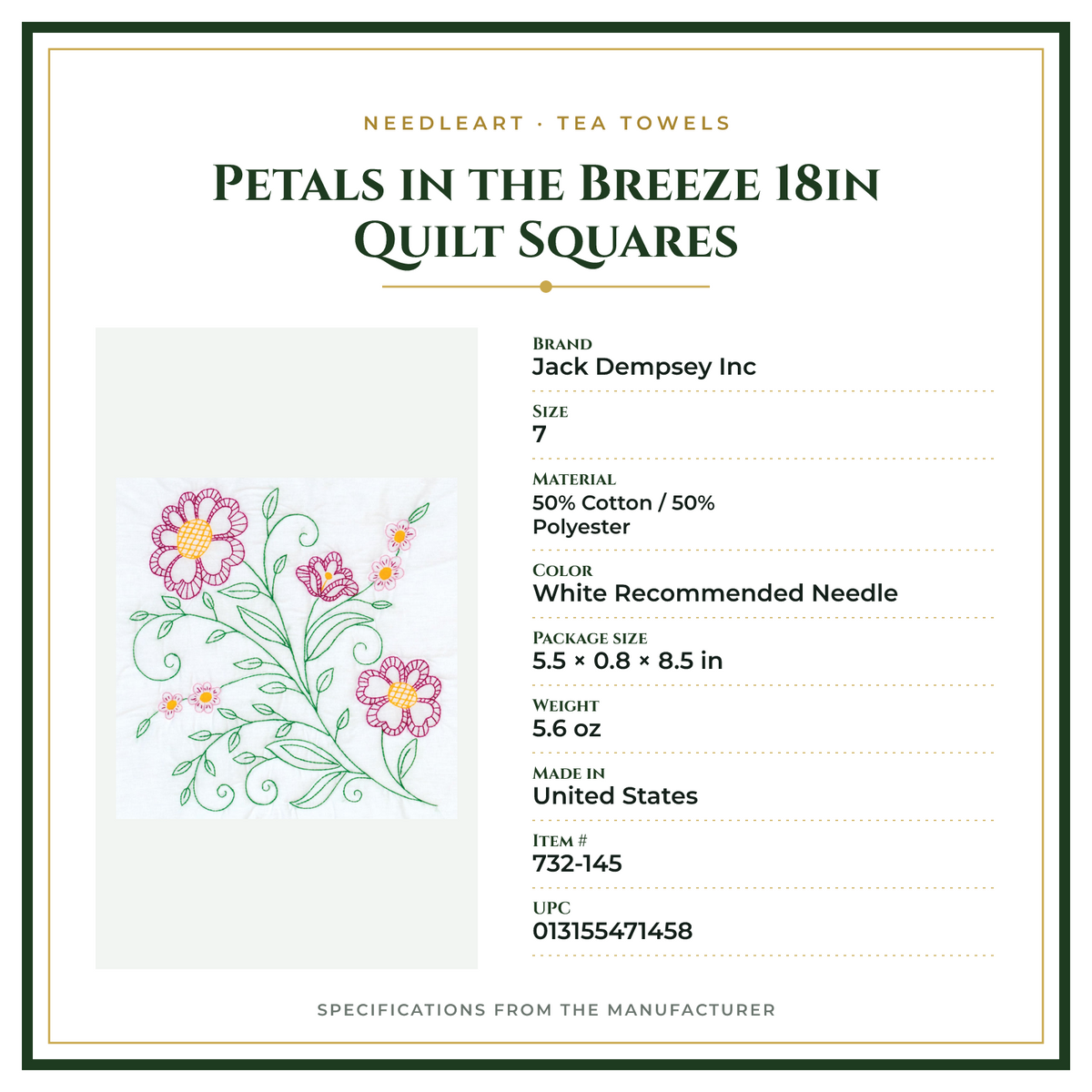 Product Specifications – Petals in the Breeze 18in Quilt Squares