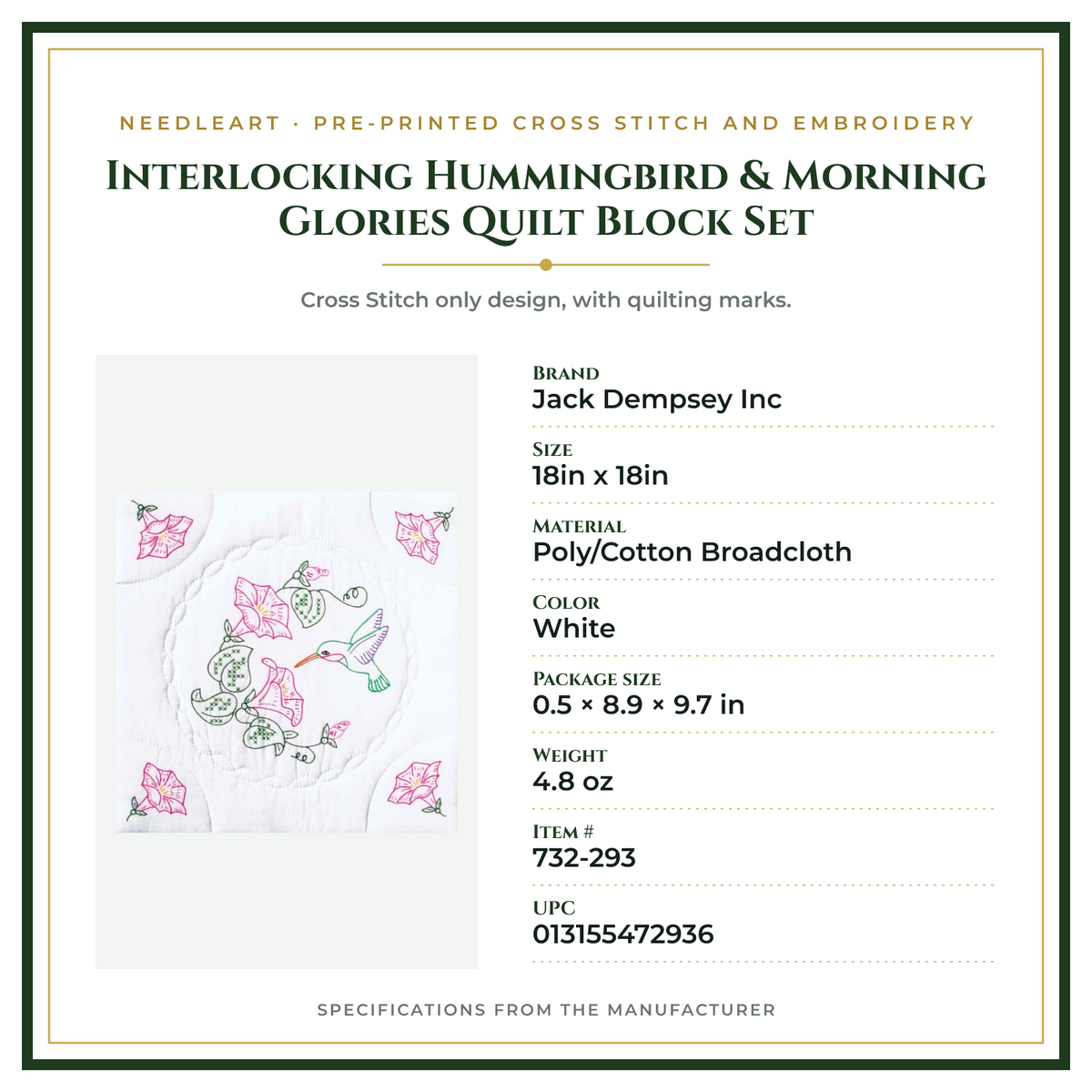 Product Specifications – Interlocking Hummingbird & Morning Glories Quilt Block Set
