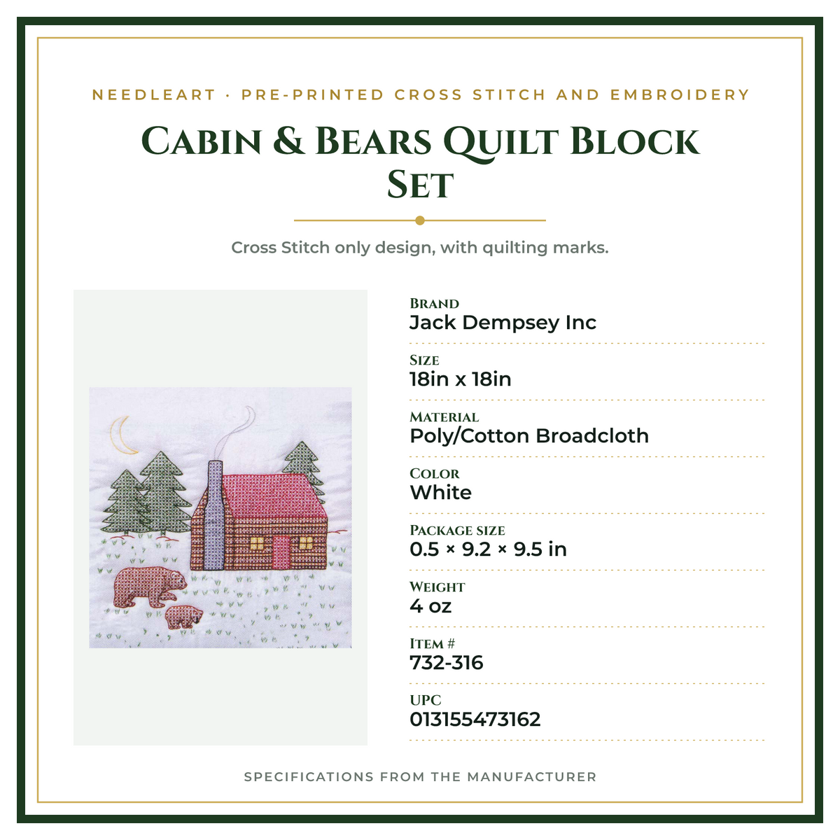 Product Specifications – Cabin & Bears Quilt Block Set
