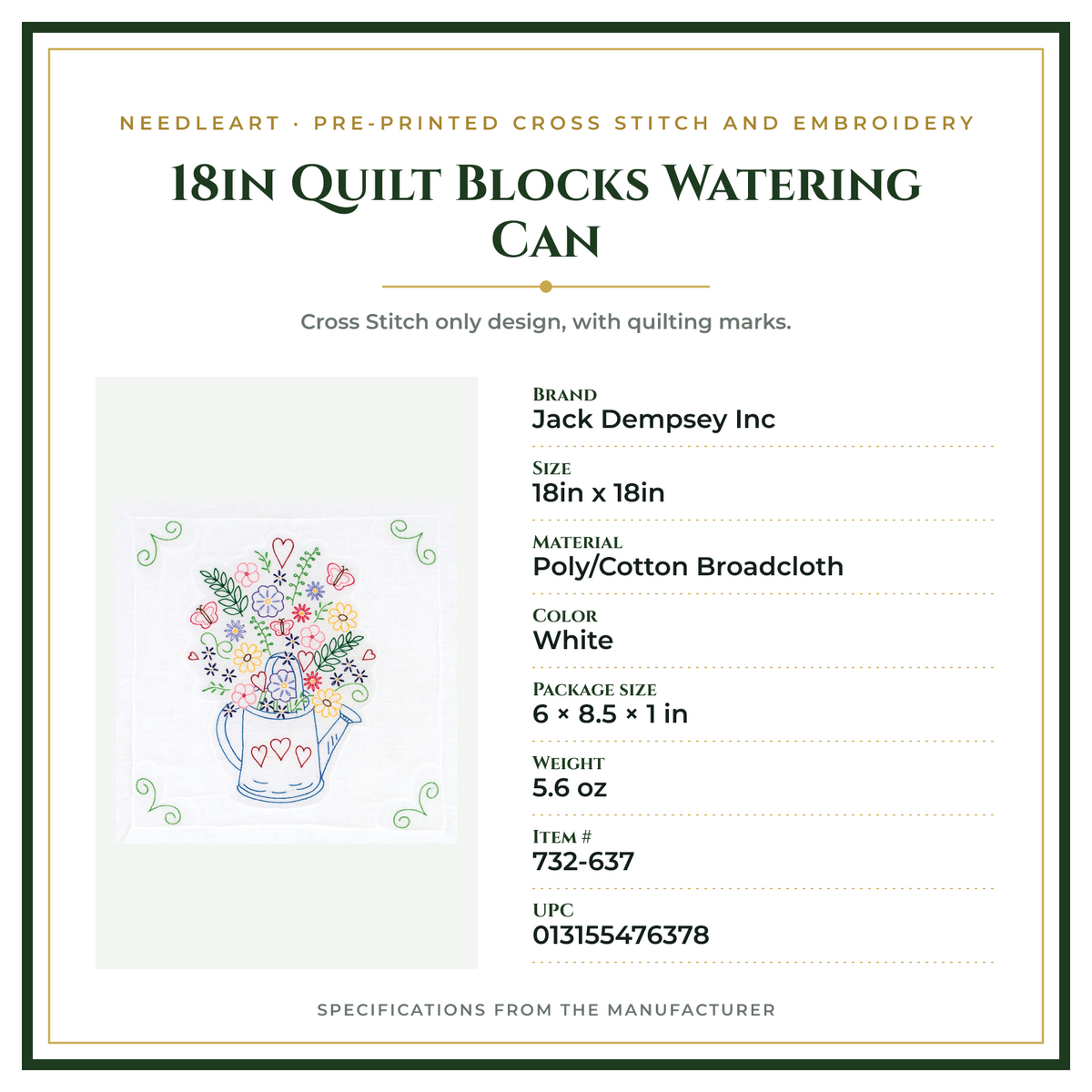 Product Specifications – 18in Quilt Blocks Watering Can