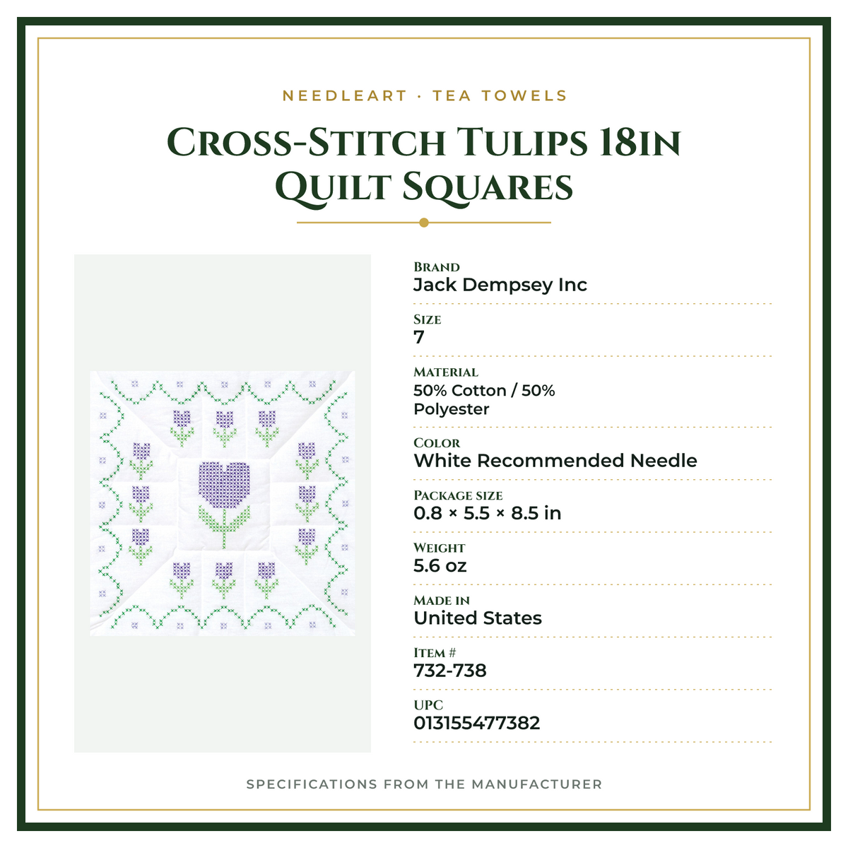 Product Specifications – Cross-Stitch Tulips 18in Quilt Squares