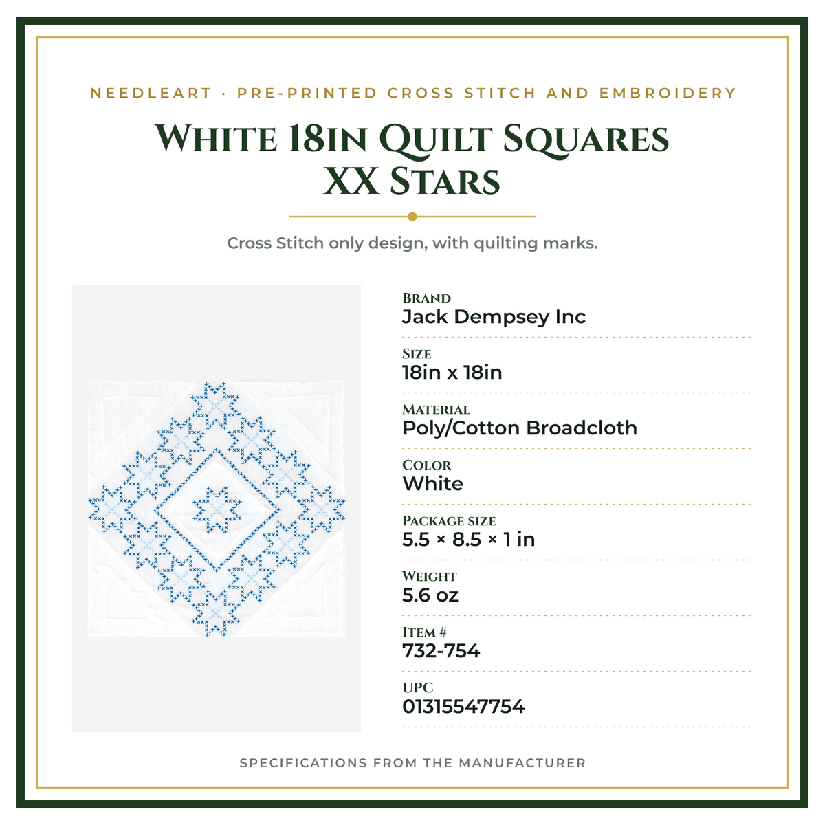 Product Specifications – White 18in Quilt Squares XX Stars