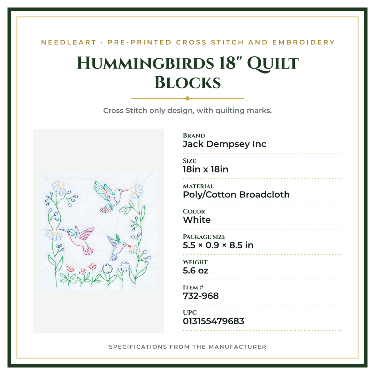 Product Specifications – Hummingbirds 18" Quilt Blocks