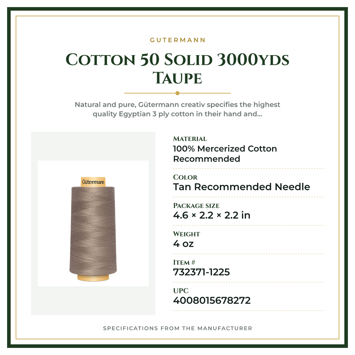 Product Specifications – Cotton 50 Solid 3000yds Taupe