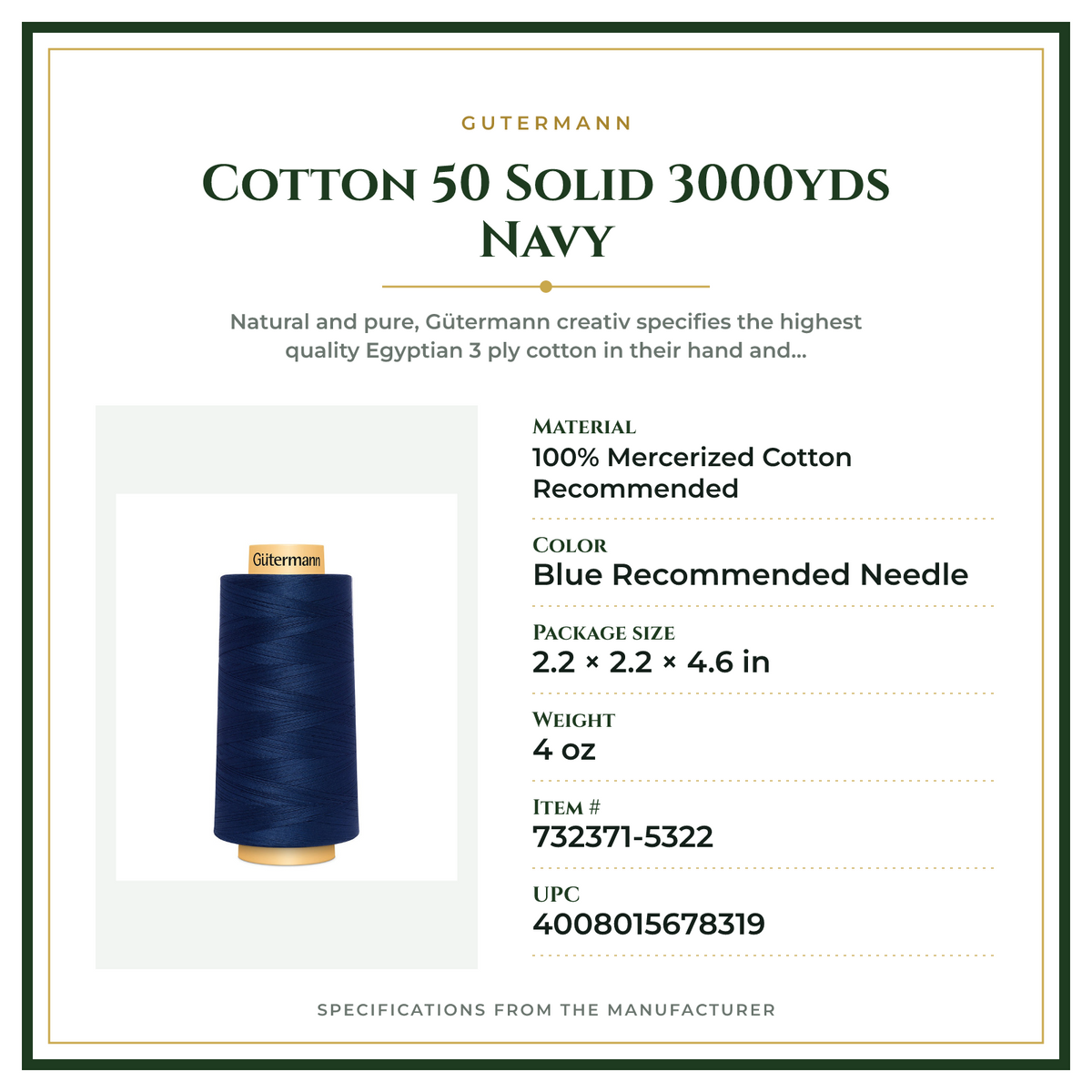 Product Specifications – Cotton 50 Solid 3000yds Navy
