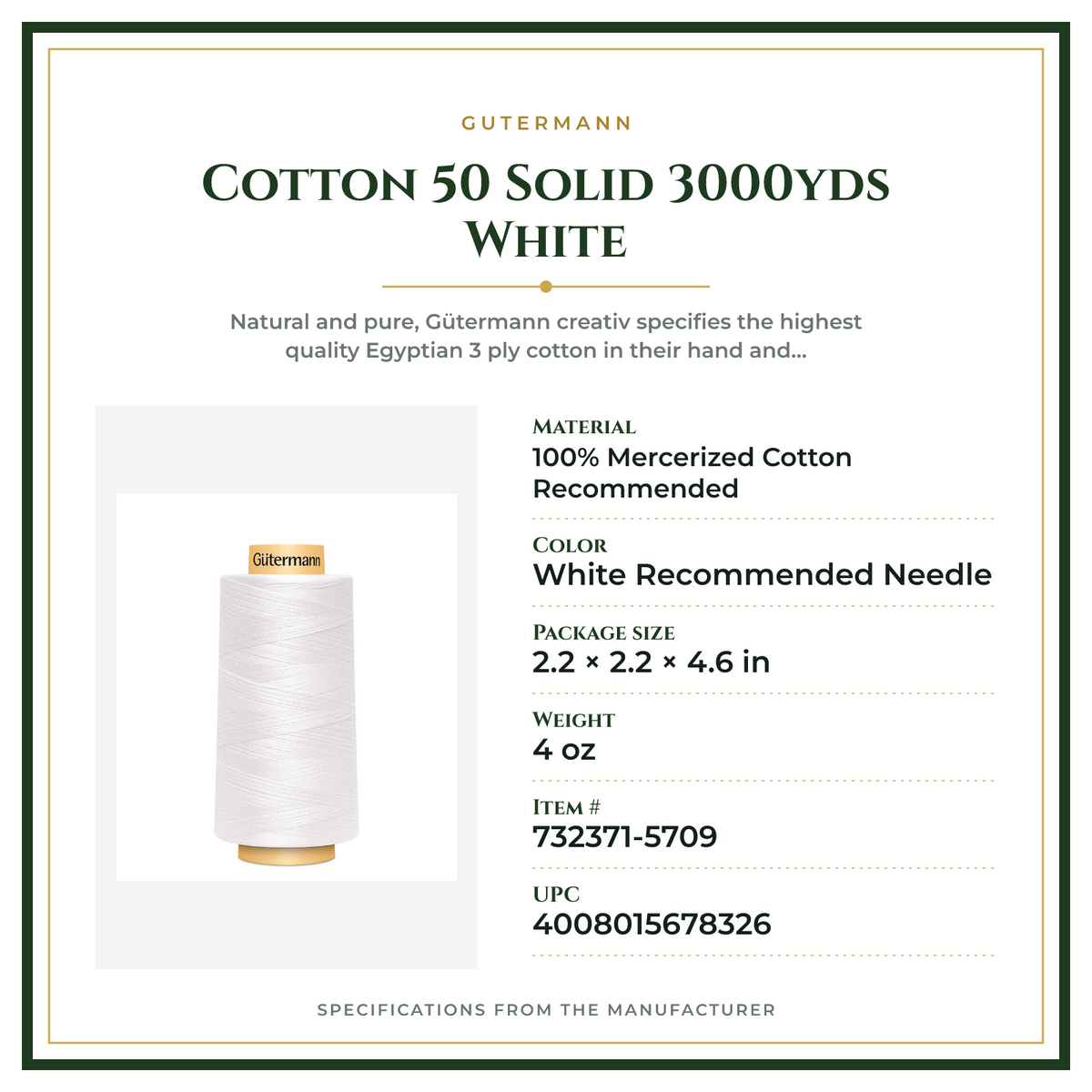 Product Specifications – Cotton 50 Solid 3000yds White