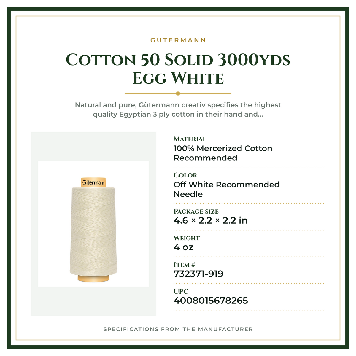 Product Specifications – Cotton 50 Solid 3000yds Egg White